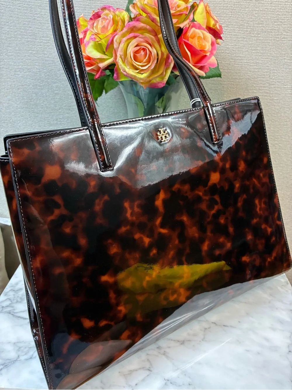 Tory Burch Tortoiseshell Patent Leather Tote - Brown/Black